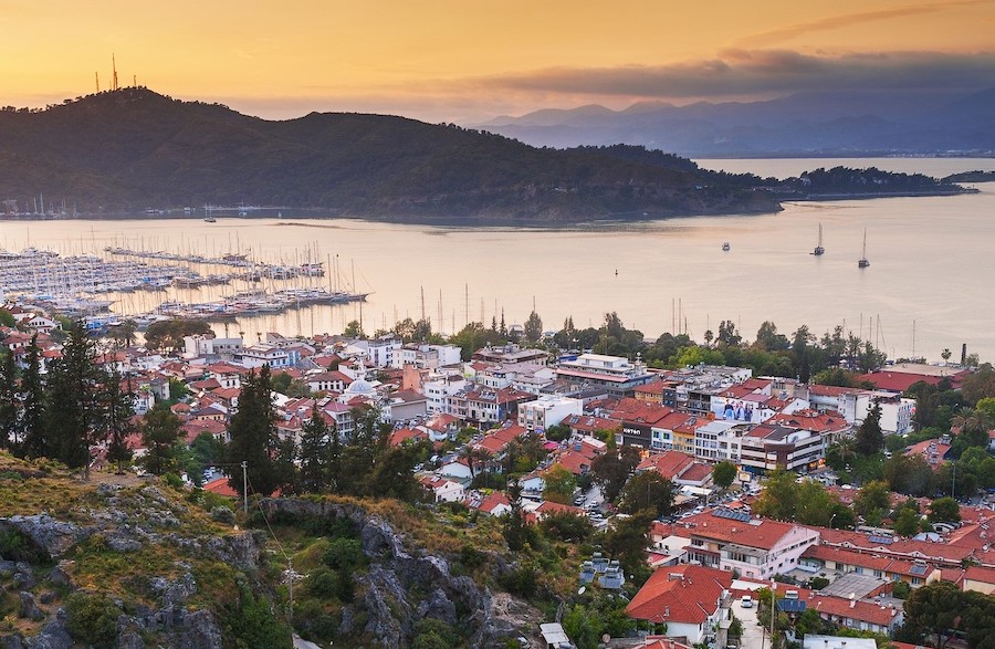 Sunset view of the city and mountains, Fethiye Turkey